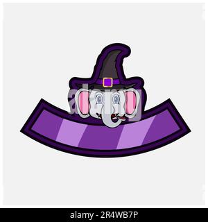 Cute Elephant Head Character. For Logo, Icon, badge, emblem and label with Witch Hat. Vector And Illustration. Stock Vector