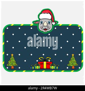 Christmas and New Year Greeting Card With Rhino Character Design. Head Animal Wearing Christmas Hat. Vector And Illustration. Stock Vector