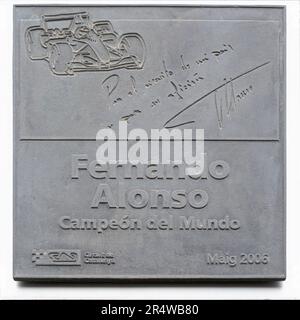 MONTMELLO, SPAIN-JUNE 4, 2021: Commemorative plaque to Fernando Alonso at Circuit de Barcelona-Catalunya Stock Photo