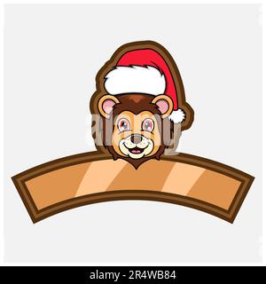 Lion Head Character Logo, icon, watermark, badge, emblem and label with Christmas Hat. Vector And Illustration. Stock Vector