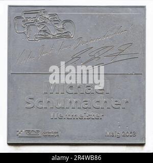 MONTMELLO, SPAIN-JUNE 4, 2021: Commemorative plaque to Michael Schumacher at Circuit de Barcelona-Catalunya Stock Photo