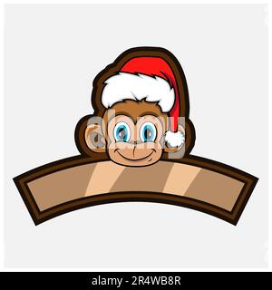 Monkey Head Character Logo, icon, watermark, badge, emblem and label with Christmas Hat. Vector And Illustration. Stock Vector