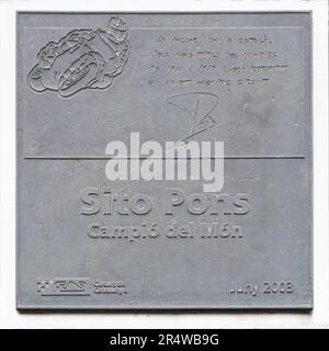 MONTMELLO, SPAIN-JUNE 4, 2021: Commemorative plaque to Sito Pons at Circuit de Barcelona-Catalunya Stock Photo