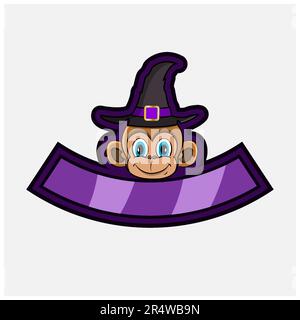 Cute Monkey  Head Character. For Logo, Icon, badge, emblem and label with Witch Hat. Vector And Illustration. Stock Vector