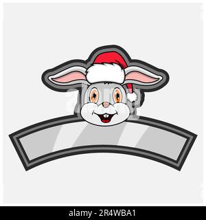 Rabbit Head Character Logo, icon, watermark, badge, emblem and label with Christmas Hat. Vector And Illustration. Stock Vector