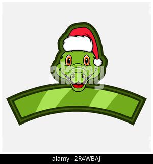 Crocodile Head Character Logo, icon, watermark, badge, emblem and label with Christmas Hat. Vector And Illustration. Stock Vector