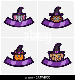 Set Cute Animals Head Character. For Logo, Icon, badge, emblem and label with Witch Hat. Elephant, Monkey, Cat and Dog. Vector And Illustration. Stock Vector