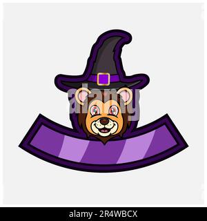 Cute Lion Head Character. For Logo, Icon, badge, emblem and label with Witch Hat. Vector And Illustration. Stock Vector