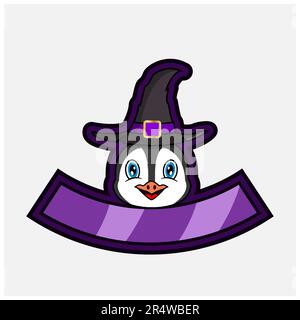 Cute Penguin Head Character. For Logo, Icon, badge, emblem and label with Witch Hat. Vector And Illustration. Stock Vector