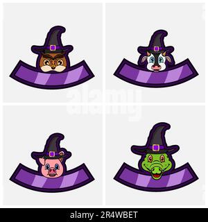 Set Cute Animals Head Character. For Logo, Icon, badge, emblem and label with Witch Hat. Owl, Cow, Pig and Crocodile. Vector And Illustration. Stock Vector