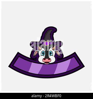 Cute Cow Head Character. For Logo, Icon, badge, emblem and label with Witch Hat. Vector And Illustration. Stock Vector