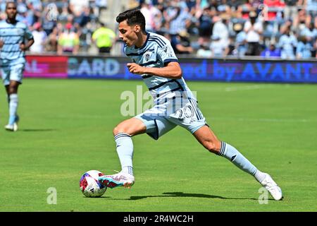 Kansas City, USA. 28th May, 2023. Sporting Kansas City forward Dániel Sallói (20) moves the ball downfield. Sporting KC defeated the Portland Timbers in a Major League Soccer game on May 28, 2023 at Children's Mercy Park Stadium in Kansas City, KS, USA. Photo by Tim Vizer/Sipa USA Credit: Sipa USA/Alamy Live News Stock Photo