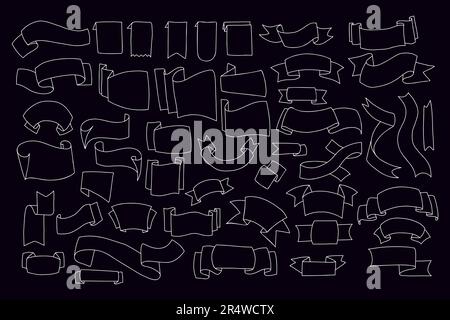 Collection of white outline ribbon banners. Isolated vector hand drawn doodles of different curved label ribbons Stock Vector