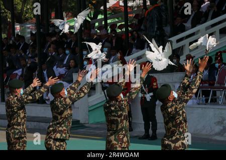 Kathmandu, Nepal. 29th May, 2023. On May 29, 2023 in Kathmandu, Nepal. Members of Nepalese Army flies pegions as a symbol of peace during 'Republic Day' celebration at the premises of the army pavilion. “Republic Day” is celebrated in commemoration of the day republican system was proclaimed on the backing of the historical people's movement of 2006. (Photo by Abhishek Maharjan/Sipa USA) Credit: Sipa USA/Alamy Live News Stock Photo