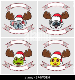 Set Cute Animals Head Character. For Logo, emblem and label with Christmas Hat. Koala, Raccoon, Frog and Duck. Vector And Illustration. Stock Vector