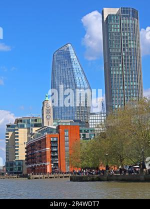 The OXO tower building, seen from the river Thames, with One Blackfriars apartment building at the rear & Arbor 255 Stock Photo