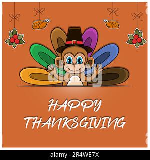 Happy Thanksgiving Greeting Card, Poster, or flyer Celebration Design With Monkey Character. Vector And Illustration. Stock Vector
