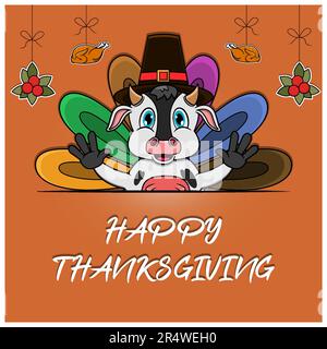 Happy Thanksgiving Greeting Card, Poster, or flyer Celebration Design With Cow Character. Vector And Illustration. Stock Vector