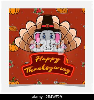 Happy Thanksgiving Card With Cute Elephant Character Design. Greeting Card, Poster, Flyer and Invitation. Vector and Illustration. Stock Vector