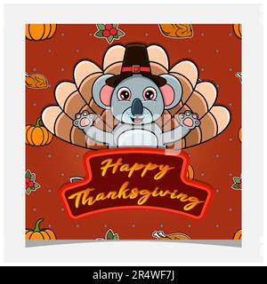 Happy Thanksgiving Card With Cute Koala Character Design. Greeting Card, Poster, Flyer and Invitation. Vector and Illustration. Stock Vector