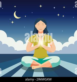 girl in green t-shirt meditating at night outside flat vector at night Stock Vector