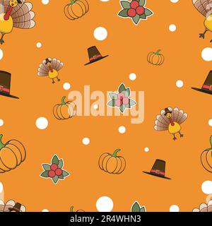 Cute seamless Country Fall patterns for Wallpapers and Wall Design With Turkey Bird, Hat, Pumpkins and Cherrys. Vector and Illustration. Stock Vector