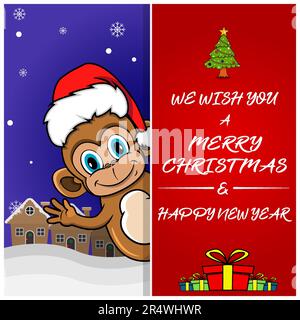 Merry Christmas Greeting Card, Flyer, Invitation, and Poster. Cute Monkey Character Design Wearing Hat. Vector And Illustration. Stock Vector