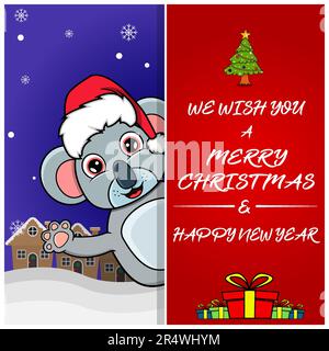 Merry Christmas Greeting Card, Flyer, Invitation, and Poster. Cute Koala Character Design Wearing Hat. Vector And Illustration. Stock Vector