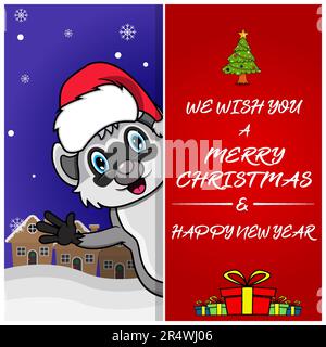 Merry Christmas Greeting Card, Flyer, Invitation, and Poster. Cute Raccoon Character Design Wearing Hat. Vector And Illustration. Stock Vector