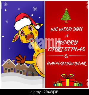 Merry Christmas Greeting Card, Flyer, Invitation, and Poster. Cute Giraffe Character Design Wearing Hat. Vector And Illustration. Stock Vector