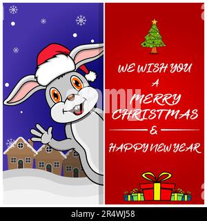 Merry Christmas Greeting Card, Flyer, Invitation, and Poster. Cute Rabbit Character Design Wearing Hat. Vector And Illustration. Stock Vector