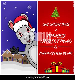 Merry Christmas Greeting Card, Flyer, Invitation, and Poster. Cute Donkey Character Design Wearing Hat. Vector And Illustration. Stock Vector