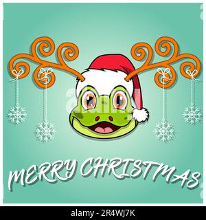 Cute Frog Head Cartoon Christmas Card. Wearing Hat and Funny Christmas. Vector and Illustration. Stock Vector