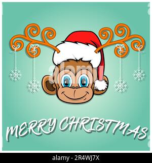 Cute Monkey Head Cartoon Christmas Card. Wearing Hat and Funny Christmas. Vector and Illustration. Stock Vector