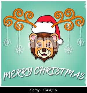 Cute Lion Head Cartoon Christmas Card. Wearing Hat and Funny Christmas. Vector and Illustration. Stock Vector