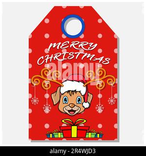Merry Christmas Happy New Year hand drawn label tag With Cute Dog Head Character Design. Vector and Illustration. Stock Vector