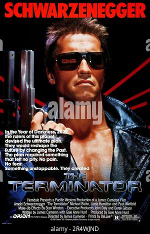 The Terminator is a 1984 American science fiction action film directed by James Cameron, written by Cameron and the film's producer Gale Anne Hurd, and starring Arnold Schwarzenegger, Michael Biehn, Linda Hamilton and Paul Winfield. The film tells the story of the Terminator, a cyborg assassin sent back in time from the year 2029 to 1984 to kill Sarah Connor. Stock Photo