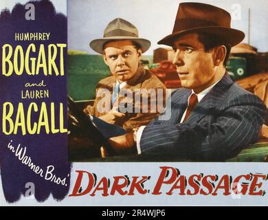 Dark Passage, 1947, is a film noir directed by Delmer Daves and starring Humphrey Bogart and Lauren Bacall. The film is based on the novel of the same name by David Goodis. It was the third of four films real-life couple Bacall and Bogart made together. The story follows Bogart's character (Parry's) attempts to hide from the law and clear his name of murder. Stock Photo
