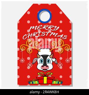Merry Christmas Happy New Year hand drawn label tag With Cute Cow Head Character Design. Vector and Illustration. Stock Vector