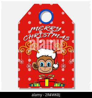 Merry Christmas Happy New Year hand drawn label tag With Cute Monkey Head Character Design. Vector and Illustration. Stock Vector