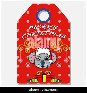 Merry Christmas Happy New Year hand drawn label tag With Cute Koala Head Character Design. Vector and Illustration. Stock Vector