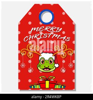 Merry Christmas Happy New Year hand drawn label tag With Cute Frog Head Character Design. Vector and Illustration. Stock Vector