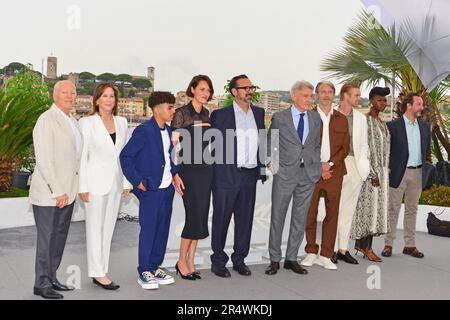 Cast members of the film: Frank Marshall, Kathleen Kennedy, Ethann Isidore, Phoebe Waller-Bridge (dress by Dolce & Gabbana), James Mangold, Harrison Ford, Mads Mikkelsen, Boyd Holbrook, Shaunette Renee Wilson, Simon Emanuel. Photocall of the film 'Indiana Jones and the Dial of Destiny' 76th Cannes Film Festival May 19, 2023 Stock Photo