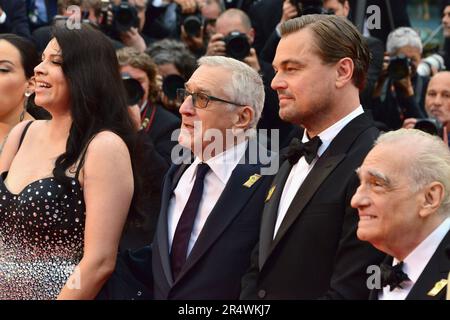 Cast members of the film 'Killers of the Flowers Moon': Cara Jade Myers, Robert De Niro, Leonardo DiCaprio, Martin Scorsese 'Killers of the Flowers Moon' Cannes Film Festival Screening 76th Cannes Film Festival May 20, 2023 Stock Photo