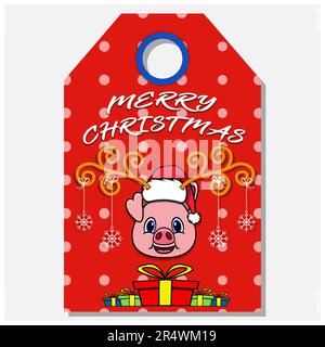 Merry Christmas Happy New Year hand drawn label tag With Cute Pig Head Character Design. Vector and Illustration. Stock Vector