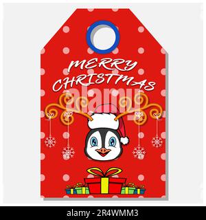 Merry Christmas Happy New Year hand drawn label tag With Cute Penguin Head Character Design. Vector and Illustration. Stock Vector