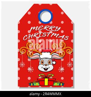 Merry Christmas Happy New Year hand drawn label tag With Cute Rabbit Head Character Design. Vector and Illustration. Stock Vector