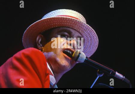 British singer Elton John during a concert at Paris Bercy in May 1984. Stock Photo