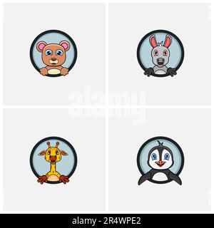 Funny Animals Head Character Design Set. Bear, Donkey, Giraffe and Penguin. For Logo, Label, Icon, Inspiration and Template Design. Vector and Illustr Stock Vector