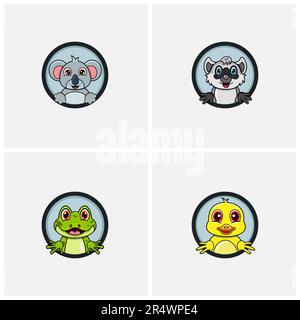 Funny Animals Head Character Design Set. Koala, Raccoon, Frog and Duck. For Logo, Label, Icon, Inspiration and Template Design. Vector and Illustratio Stock Vector